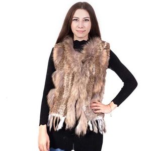 Women Blends Fashion Real Rabbit Fur Tassel Vest High end Women Knitted Sleeveless Vests Natural Raccoon Collar Jacket 230225
