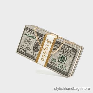 Stack of Cash Dollars for women 2023 new Crystal diamond chain Evening Bags money Clutch bag luxury Purses and Handbags Q1222