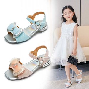 Sandals Dropshipping Girls Sandals Low Heels Light Opentoe Breathable Princess Solid Blue Performance Shoes Bow Chic for Dress Sweet Z0225