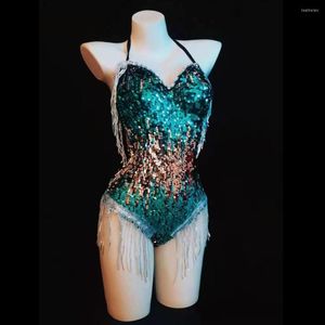 Sahne Giyim Kadınlar Gece Kulübü DJ Pole Dancing Leotard Kostüm Yeşil Pullar Sırtsız Bodysuit Bar Partisi Seksi Latin Dans Taytları