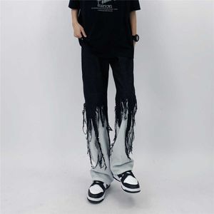 Herr jeans män jeans high street hip hop kontrast färg tofs lossa jeans koreanska mode jeans hip hop män kläder y2k byxor män lös z0225