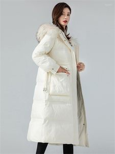 Trench da donna Piumino di alta qualità Piumino da donna Bianco Lungo Slim Pelliccia con cappuccio Parka 2023 Moda invernale Temperamento Anatra Feminina