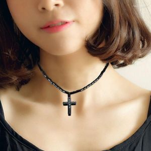 Chains Cross Unisex Magnetic Necklace Beads Hematite Stone For Therapy Health Care Black