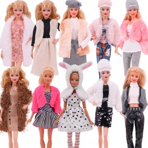 4 Pcs Set Fur Vest Coat And Dress Casual Outfit For 18 Inch Barbies Doll Apparel Clothes Accessories Plush Jacket Celebrity Kid Diy Toy
