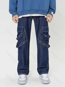 Herren Jeans Retro Blue Cargo Wide Jeans für Männer Modische Reißverschlusstaschen Streamer Streetwear Casual Wide Leg Denim Overalls Hip Hop Denim Z0225