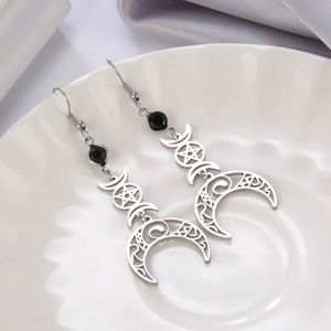 Urok Dawapara Crescent Bogini Black Birthstone stalowe kolczyki Triple Moon Wicca pentagram Gothic Drop Kolczyki G230225