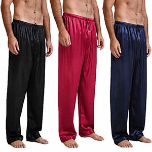 Calça masculina calças casuais calças soltas de seda de seda cor sólida calças lisas calças planas casuais praia de praia fino pijamas de sono