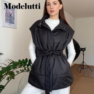 女性SジャケットModelutti秋の冬のファッションスタンドネックベルトウエストベスト女性は暖かい頑丈なワイルドシンプルなカジュアルトップス女性230225を保持