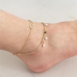 Anklets 2023 Elegant simulerad pärla dubbelskikts anklet med stjärna 8 ord bohemsk ankelarmband boho fotsmycken