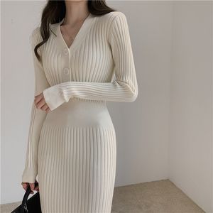 Casual Dresses Vintage Knitted Sweater Long Sleeve Women Slim Bodycon Korean Elegant Fall Winter Button V Neck Midi Woman Dress 230227