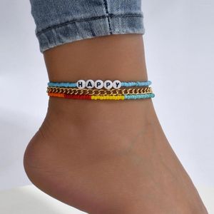 Tornozeleiras bohemian happy letter bishled tornozelete ajustável colorido de semente de vizinhança de tornozelo na perna jóias da moda para mulheres AM4283