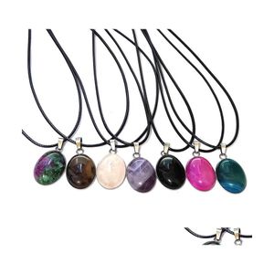 car dvr Pendant Necklaces Oval Reiki Stones Turquoise Pink Quartz Charms Leather Necklace For Women Men Gift Accessories Drop Delivery Jewel Dhxfr