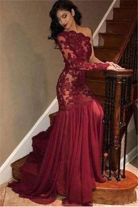 Sexy Red One Shoulder Prom Dresses Lace Appliques Sheer Long Sleeve Mermaid Women Evening Gowns BC15011