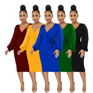 Casual Dresses QILI Blue Black Womens Dress Lantern Sleeve V-neck Full Spring Elegant Lady Party Sheath Knee-length