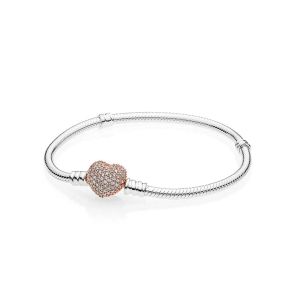 Chain Bracelets Original Box for Pandora 925 Sterling Silver Women Wedding Jewelry 18K Rose gold CZ Pave Heart Clasp
