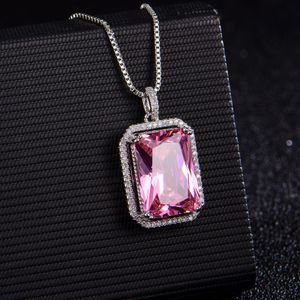 Women rectangular pink crystal Pendant Necklaces European and American style girls wedding jewelry zircon diamond sweet pendant girl white gold plated necklace