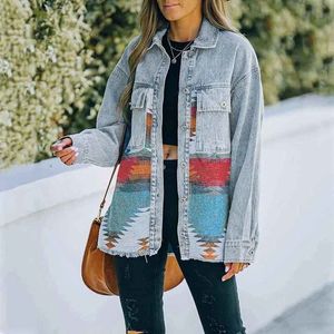 Damenjacken Frauen Patchwork Jeansjacke Bedruckte Langarm Revers Button-Down-Strickjacke Herbst Frühling Lässiger Mantel 90er Jahre Vintage Streetwear 230227