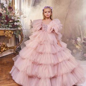 Puffy Girls Dresses 3D Flower V Neck Long Sleeve Kids Teens Pageant Gowns Birthday Party Dress For Wedding Cooktail Gown 403