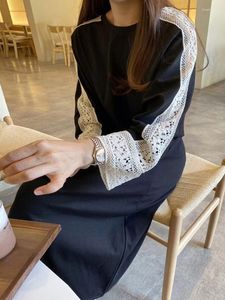 Lässige Kleider Korobov Koreaner Vintage Robe O-Neck Spitze Spleißen Hohlhaken Blume Kleid Lange Ärmel T-Shirt Mode Vestidos