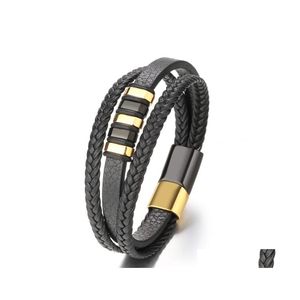 car dvr Link Chain Handmade Mtilayer Braided Leather Bracelets For Men Link Strand Fashion Magnetic Clasp Black Cord Vintage Wrist Band Rop Dhcce