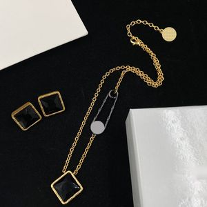 Retro Square Diamond Charm with Gold Border Black Brooch Ornament Necklace Women Long Pendant Necklaces