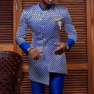 Ethnic Clothing National Style Youth Standing Collar Casual Shirt Blue Pattern Mens Long Sleeve 4Xl African Clothes Summer Print Top 230227