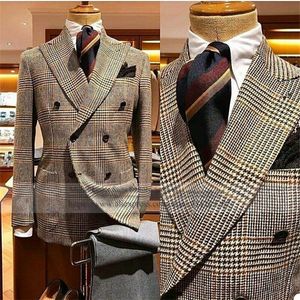 Herrenanzüge Blazer Tweed Wolle Hahnentritt Herren Jacke mit breitem Revers 2 Stück Zweireiher Mantel Business Blazer Hochzeit Dinner Party Kleider 230227