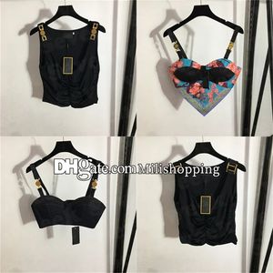 Designers femininos T-shirt Crop Top Rouphe com Metal Badge Sexy Deep V Denim Sling Tubos Tops