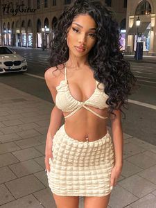 Kvinnor Tvåbitar byxor Hugcitar Solid Halter Draped Bandage Crop Top kjolar 2 stycken Set Summer Women Fashion Elegant Slim Outfits Holiday Party 230227