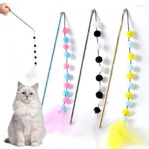 Cat Toys Toy Pompom Interactive Feather For Cats Teasing Durable Playing Stick Plush Ball Pet Supplies