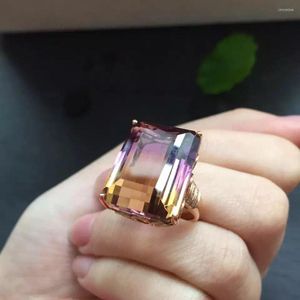 Cluster Rings Fine Jewelry Real 18K Rose Gold Au750 Rectangle Natural Ametrine Gemstone Jewellery Ring Wedding For Women Gift