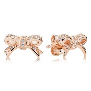 Orecchino a bottone con fiocco in oro rosa 18 carati per Pandora Gioielli da sposa in vero argento sterling con diamanti CZ per le donne Regalo fidanzata Orecchini di design Bowknot con scatola originale