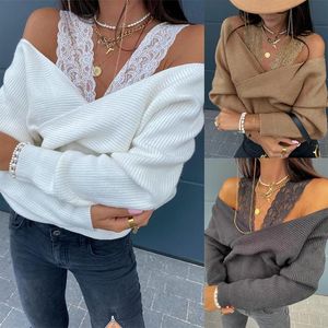 Women's T Shirts Sexy Spring Autumn T-Shirts Patchwork Design Lace Decor Halter Long Sleeve Solid Casual Loose Pullovers Tops Women 2023