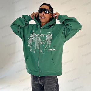 Herrtröjor tröjor harajuku y2k hiphop hoodie man överdimensionerad tröja kvinnor anime tryckt streetwear långärmad lös grön zip upp hoodie 230225