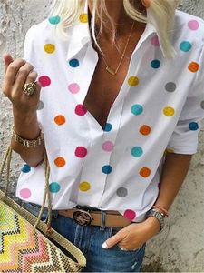 Kvinnors blusar skjortor Polka Dot stänger av kragen långärmad plus storlek kläder streetwear vit xxl 230227