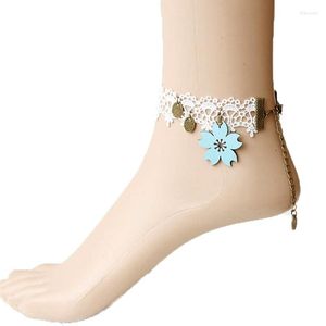 Anklets Handmade Sexy Women Cherry Blossom PU Leather Flower Lace White Ankle Anklet Bracelet Sandals Barefoot Party Dance Bridal Gothic