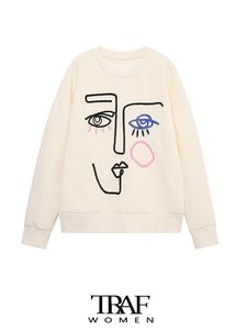 Womens Hoodies Sweatshirts TRAF Women Fashion Embroidery Loose Fleece Vintage O Neck Long Sleeve Female Pullovers Chic Tops 230227