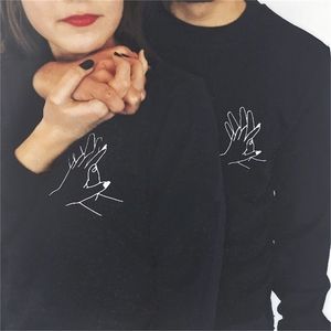 Women's Hoodies Sweatshirts High Quality Sweashirt Men Women Couple Spring Autumn Black Graphic Lover's Interlocking Fingers Hand Print Pullovers 230225