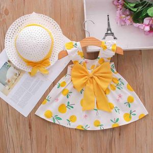 Vestidos de menina para criança roupas de crianças chapéu princesa vestido impressão limão meninas suspensas de bebê