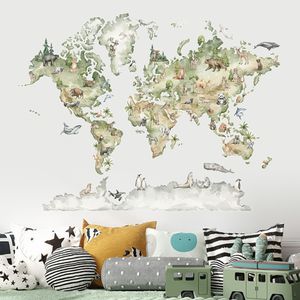 Wall Stickers Watercolor World Map Animals Wildlife Removable Vinyl Decals Print Kids Room Playroom Interior Home Decor 230227