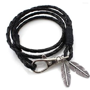 Charme Armbänder Mode Geflochtene Handgemachte Seil Wrap Vintage Blatt Feder Leder Mehrschichtige Webart Armband Männer Armreifen Männlich Geschenk