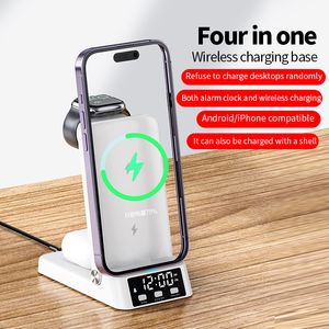 4 in 1 Foldable Fast Wireless Charger Pad Station with Alarm Clock for iPhone 14 13 12 pro max Apple Watch airpods Samsung Note 20 S20e Xiaomi Huawei Mate Smartphones