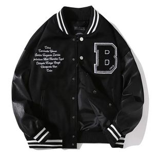 Men's Jackets Spring Fall Stitching Leather Sleeve Bomber Jacket Letter Embroidered Black Baseball Uniform Men Women Couple Casual Streetwear 230227