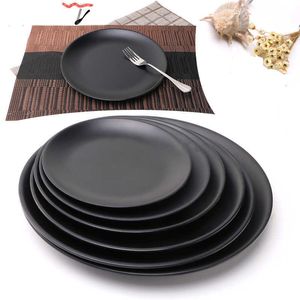 Placas decorativas antifall preto melamina redonda bandeja de jantar prato prato de comida lanches de sushi pratos de bife sobremesas de mesa de chá de mesa de chá z0227