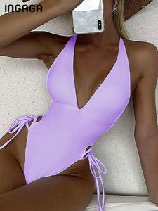 Fomento de banho feminina ingaga Sexy Deep V-Piece One Piece Swimsuit Solid Women 2023 Lace Up Monokini Backless Bathing Suits
