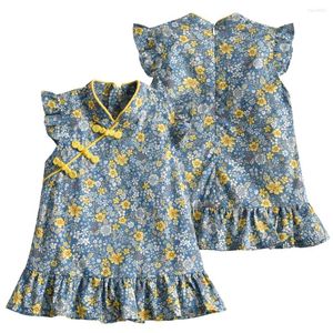 Girl Dresses Vintage Blue Floral Printing Baby Girls Dress Summer Short Sleeve Chinese Cheongsam Cotton Breathable Toddler Clothing