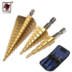 Professionelle Bohrer LIJIAN 3-teiliges 1/4-Zoll-Hss-Stufenkegel-Kegel-Bit-Set, Lochschneider, metrisch, titanbeschichtetes Metall, Sechskant, abgestuft, 4–12/20/32 mm