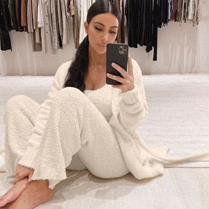 Women's Sleepwear KimKarda Same Style Homewear Set Pajamas For Women Casual Sleeveless Tops and Long Pants Cozy Cardigan Fluffy INS Sleepcoat Suit 230227