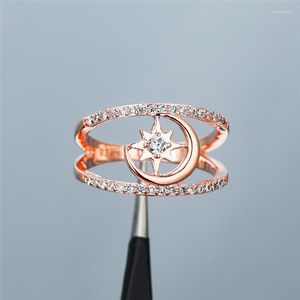 Eheringe Boho Weiblicher weißer Kristallsteinring Niedlicher Mondstern Hohlverlobung Zierliche Roségold-Silberfarbe für Frauen