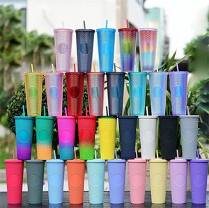 Domowa podwójna warstwy kubki plastikowe słomki kubki Kreatywność o dużej pojemności 710 ml durian kubek krawatowy kubek Luminous Kolor Rainbow Gradient Cupslt262